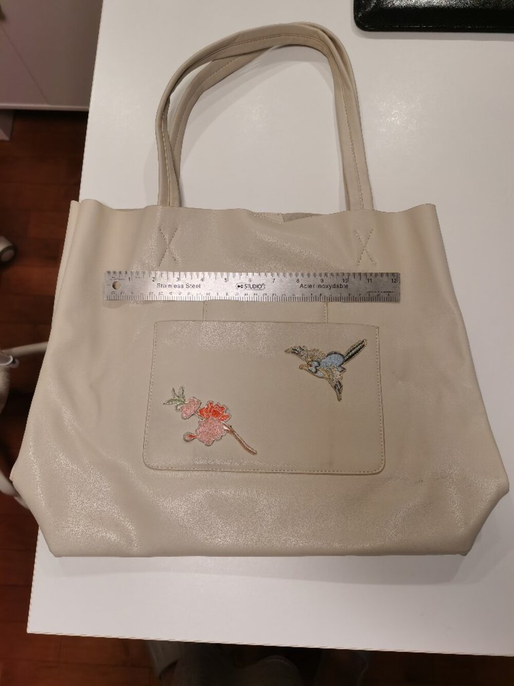 Urban Outfitters Cream Faux Leather Tote Bag | Floral Bird Embroidery